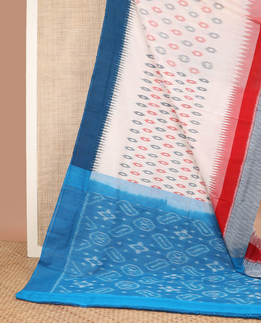 White buttas Pochampally ikkat saree, contrast ganga jamuna temple one-side checked border, and ikkat design pallu