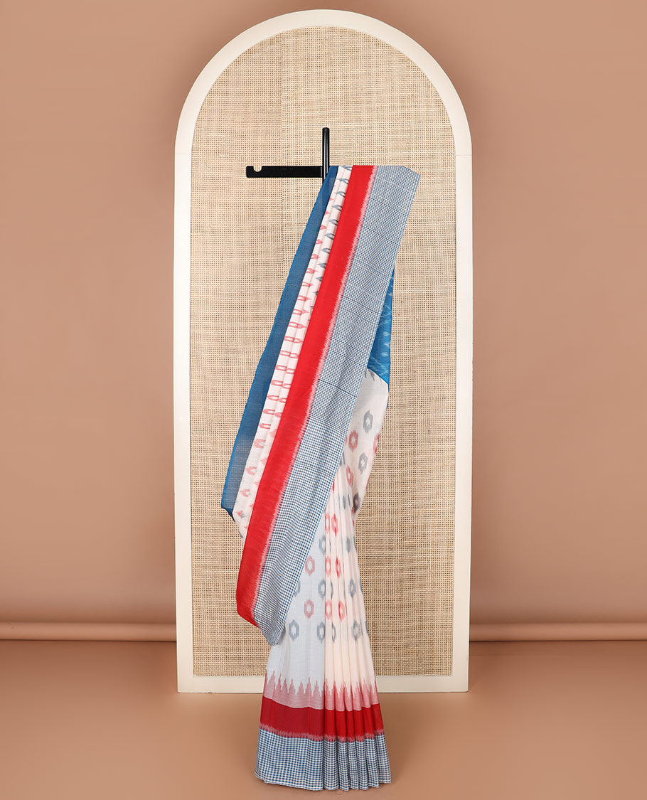 White buttas Pochampally ikkat saree, contrast ganga jamuna temple one-side checked border, and ikkat design pallu