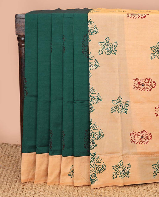 Green unique motifs printed poly cotton saree, contrast floral print with mirror work border, and pallu of floral print, and mirror work