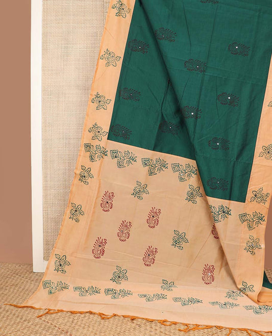 Green unique motifs printed poly cotton saree, contrast floral print with mirror work border, and pallu of floral print, and mirror work