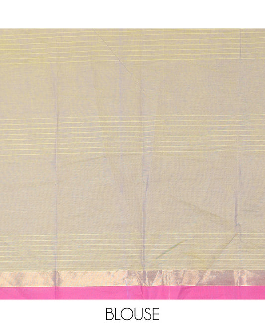 Beige stripes, and buttas kanchi cotton saree, contrast zari border, and pallu of floral, paisleys, and floral creeper