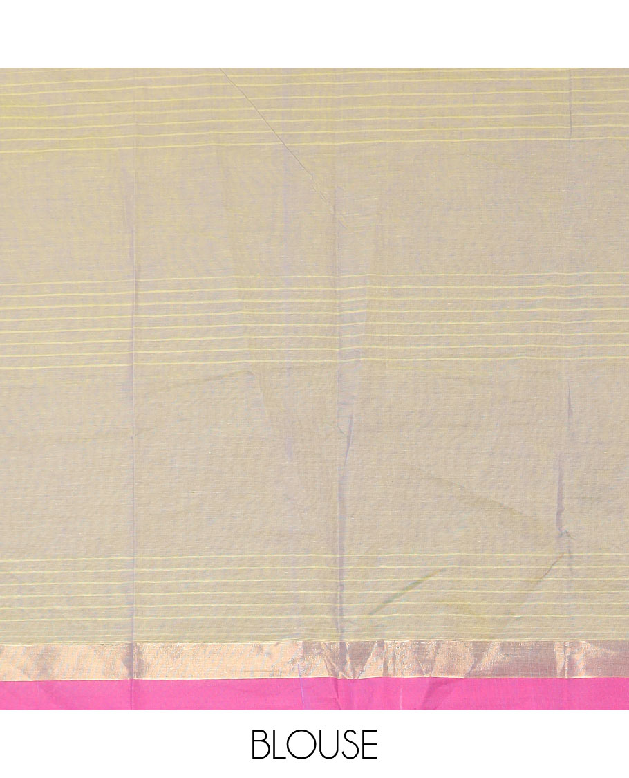 Beige stripes, and buttas kanchi cotton saree, contrast zari border, and pallu of floral, paisleys, and floral creeper