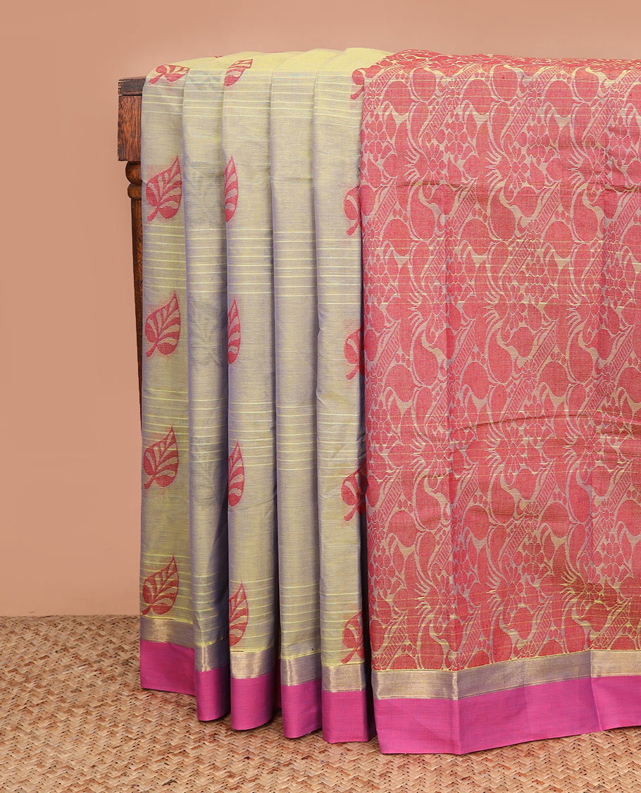 Beige stripes, and buttas kanchi cotton saree, contrast zari border, and pallu of floral, paisleys, and floral creeper