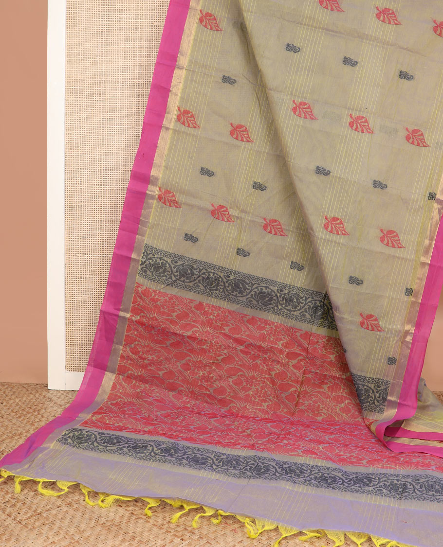 Beige stripes, and buttas kanchi cotton saree, contrast zari border, and pallu of floral, paisleys, and floral creeper