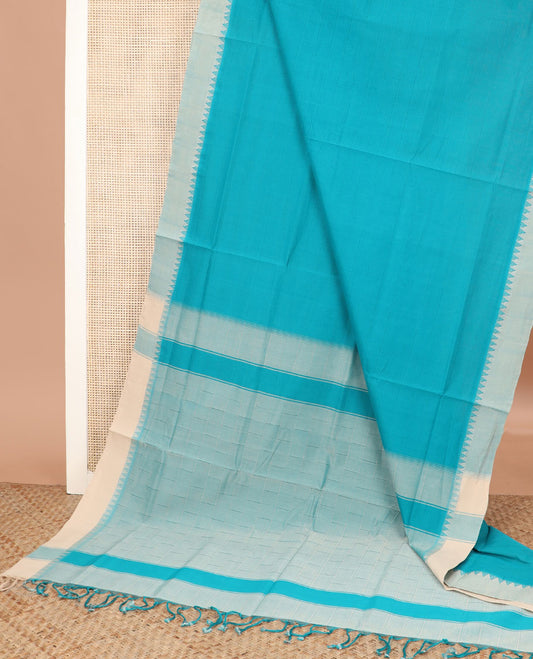 Sky blue checked Andhra cotton saree, contrast temple border, and pallu of buttas
