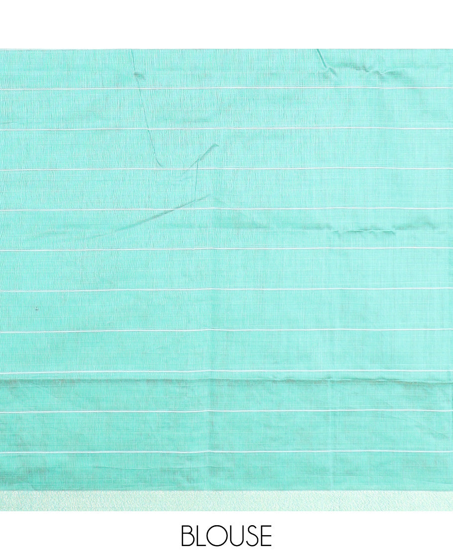 Peach checked, and floral thread embroidered Chirala cotton saree, bavanji border, and contrast striped pallu