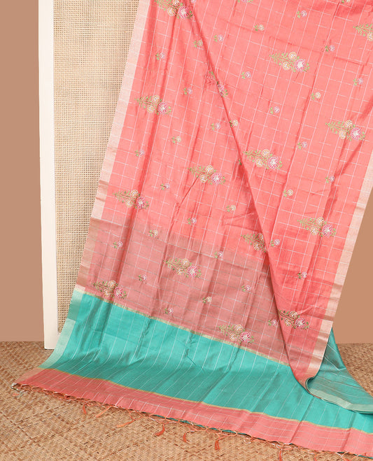 Peach checked, and floral thread embroidered Chirala cotton saree, bavanji border, and contrast striped pallu