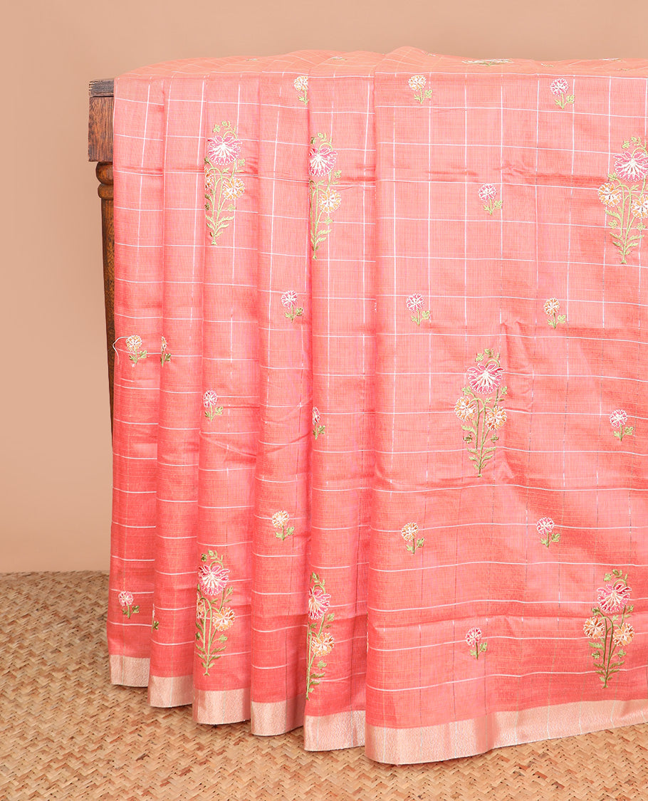 Peach checked, and floral thread embroidered Chirala cotton saree, bavanji border, and contrast striped pallu