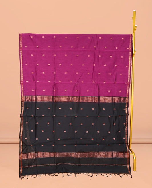 Purple Maheshwari Cotton Saree, Beautifully Bedecked with Buttas All Over Its Body, Subtle Zari Piping Border, Complemented by a Contrast Pallu Steeped with Buttas, and Paired with a Contrast Blouse