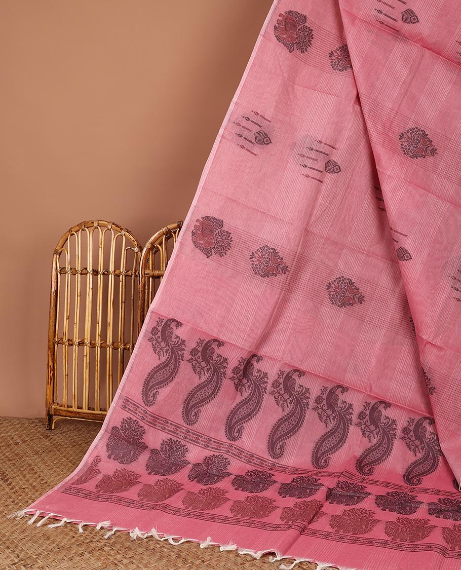 Borderless blue-striped Coimbatore cotton saree, pallu of peacock design
