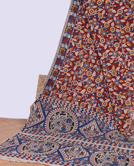 Red floral vine design machine-printed kalamkari cotton saree with floral design border & peacock, geometric design pallu