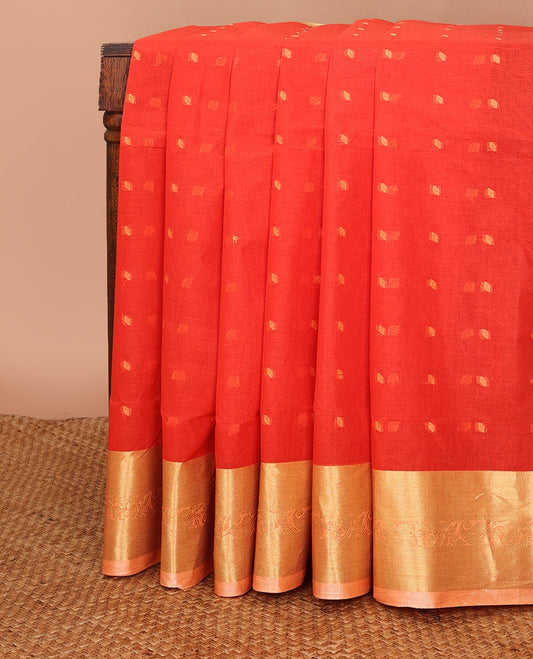 Red buttas Bengal cotton saree, contrast paisley creeper zari border & pallu of buttas & stripes