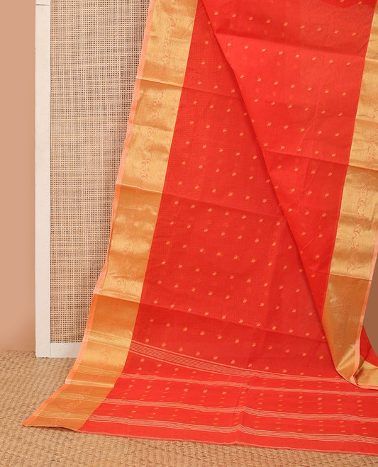 Red buttas Bengal cotton saree, contrast paisley creeper zari border & pallu of buttas & stripes