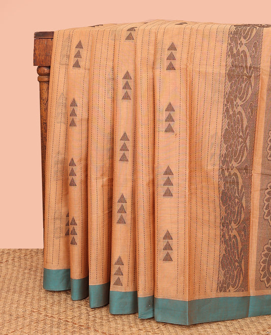 Orange Kanchi Cotton Saree, Adorned with Thread Stripes and Triangle Buttas All Over Its Body, Complemented by Contrast Border, Pallu Featuring Paisley Designs, and Paired with a Matching Blouse