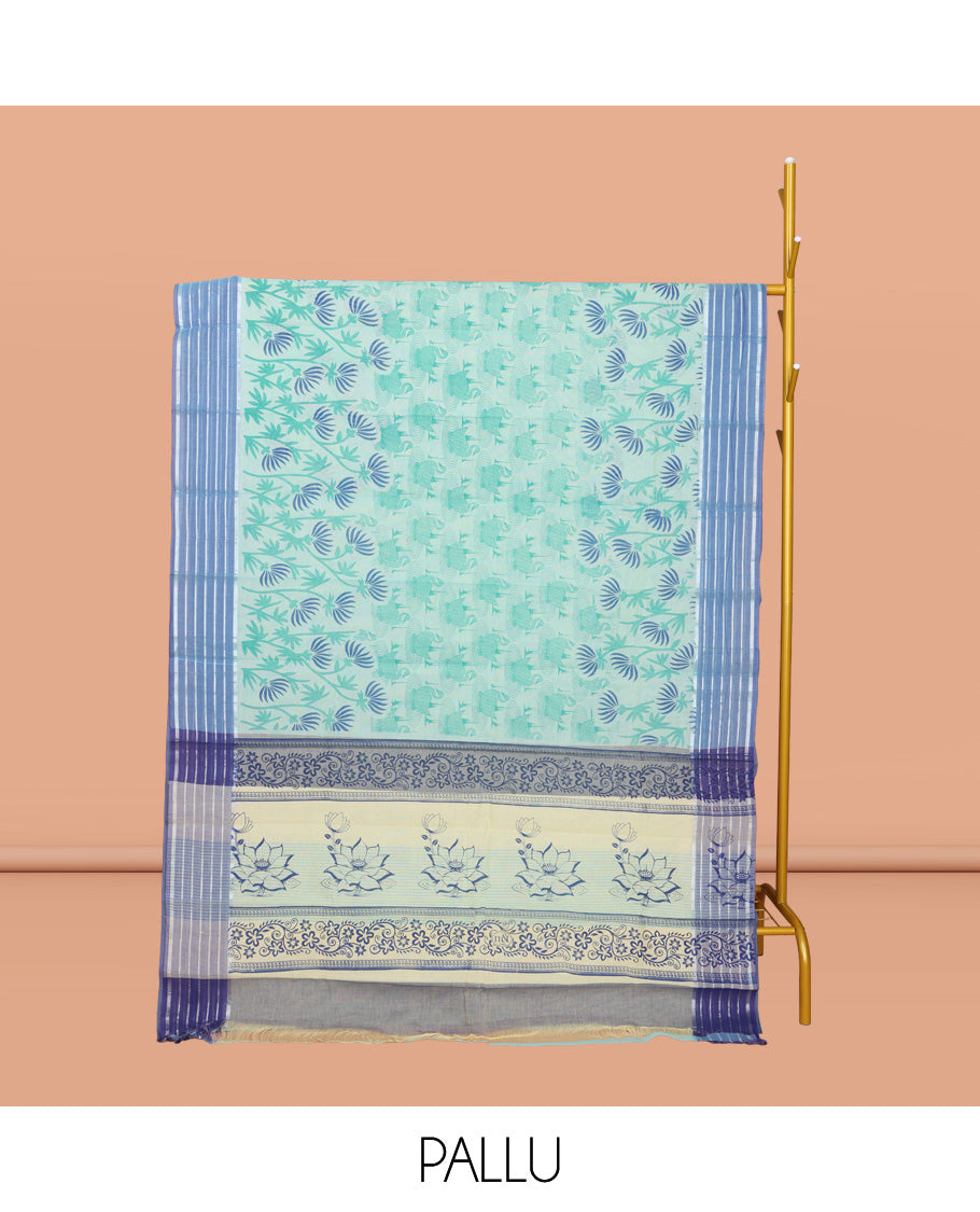 Pale Blue Chirala Cotton Saree, Decked Up with Swan and Floral Print, Contrast Striped Border, Floral Printed Pallu, and a Matching Blouse