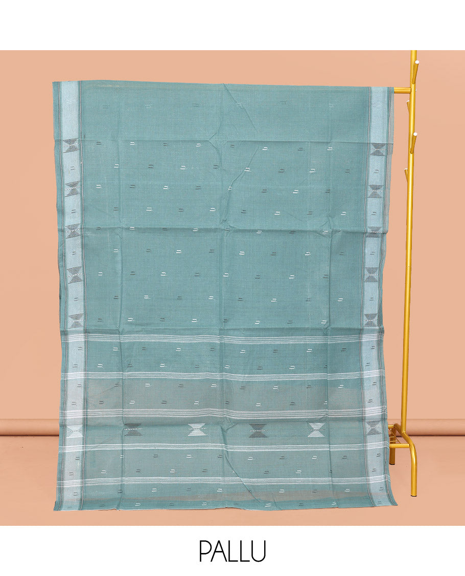 Green Bengal Cotton Saree, Woven with Buttas, a Subtle Border, Pallu of Stripes, and a Matching Blouse