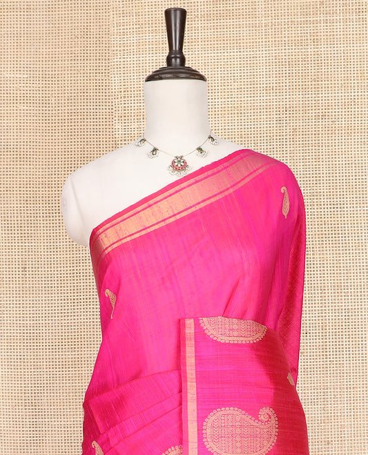 Pink Dupion Silk Saree, Mesmerized with Decorated-Paisley Buttas All Over Its Body, Complemented by a Pallu of Jaal Designs, and Paired with a Matching Blouse