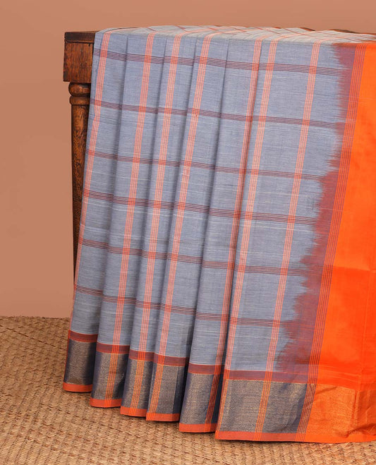 Grey checked kuppadam cotton saree, striped border & contrast pallu of stripes
