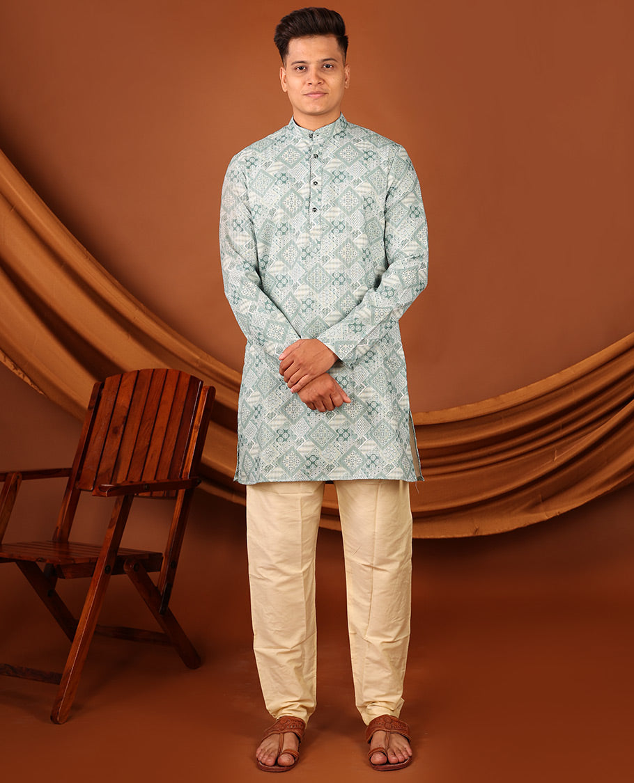 Pale Green Geometric Design Full-Sleeved Men's Kurta