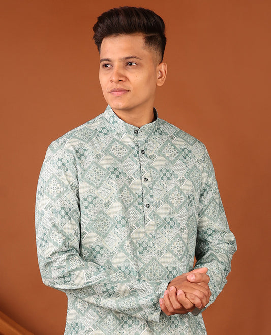 Pale Green Geometric Design Full-Sleeved Men's Kurta