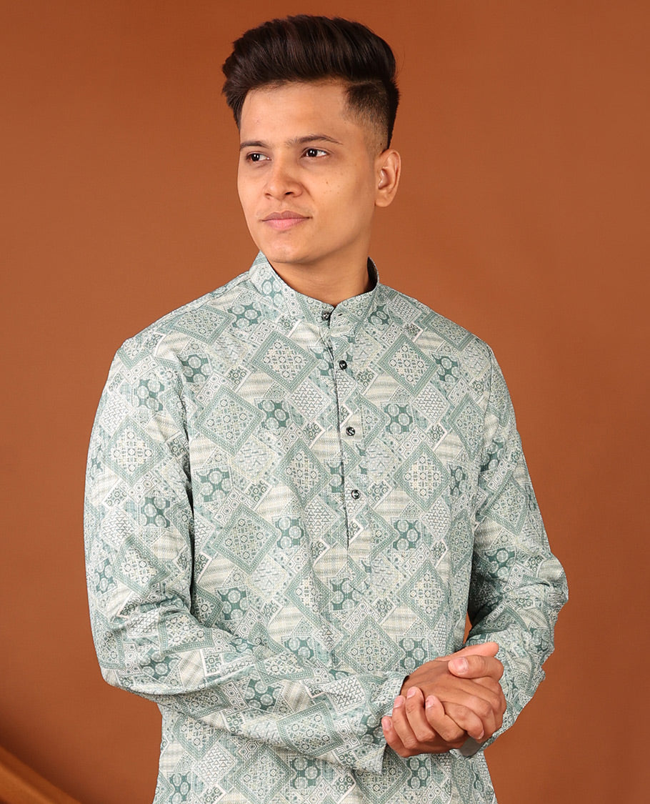 Pale Green Geometric Design Full-Sleeved Men's Kurta