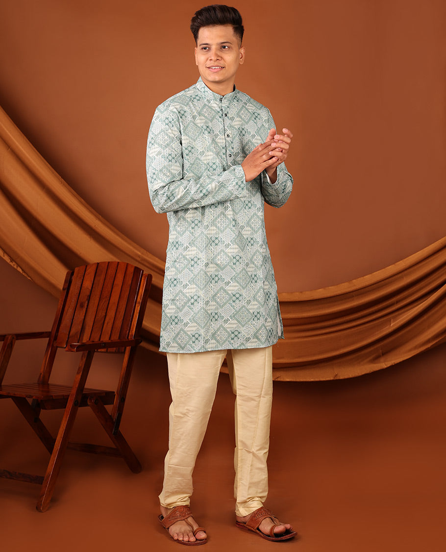 Pale Green Geometric Design Full-Sleeved Men's Kurta