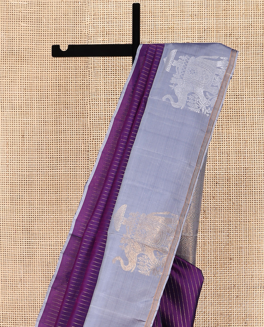 Violet Mayuri Lite Silk Mix Saree, Accentuated with Muthu Stripes All Over Its Body, Complemented by a Contrast Border of Yaanai Designs, Pallu of Intricate Designs, and Paired with a Contrast Blouse
