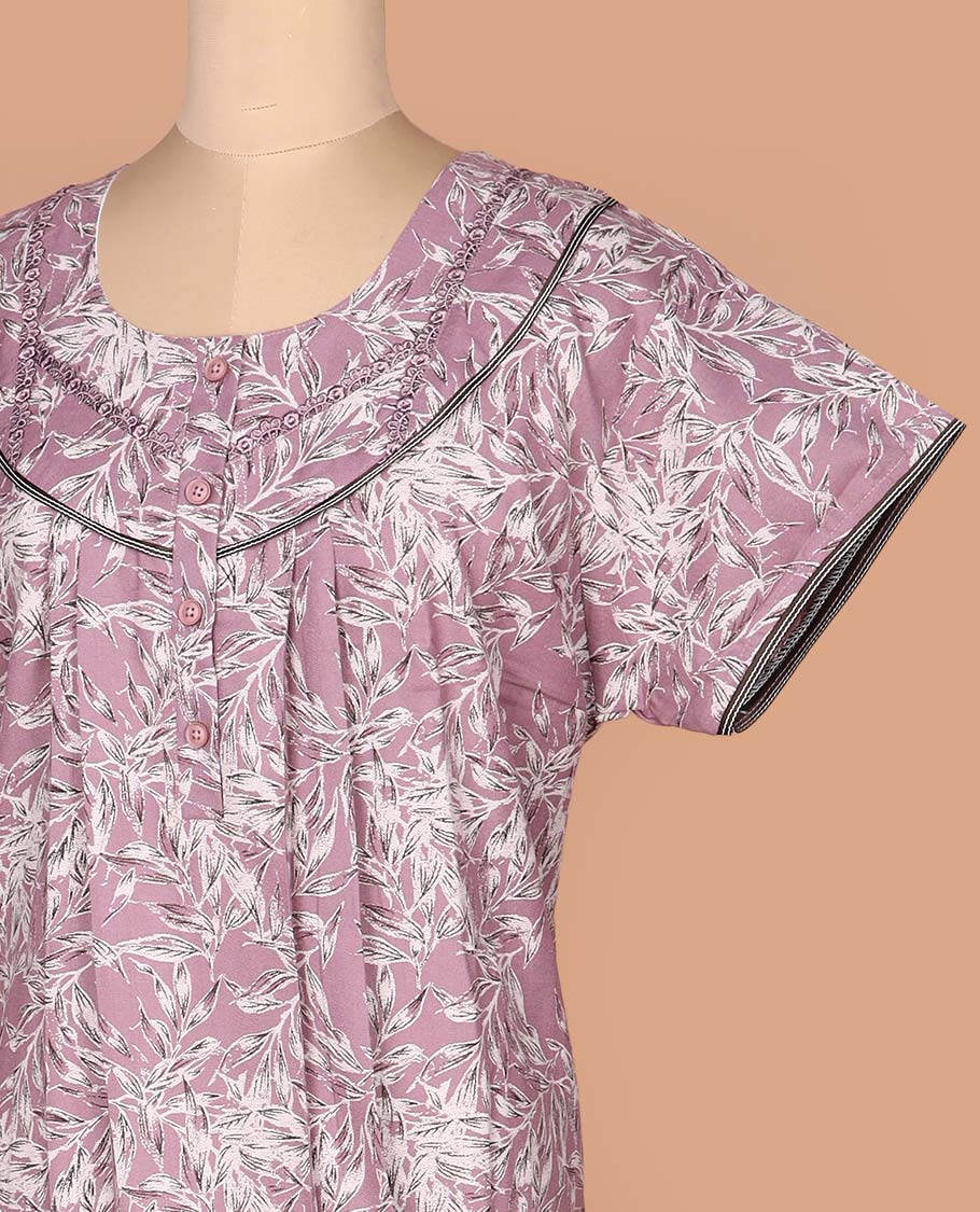 Rosewood pink leaf printed with round neck embroidered half-sleeve cotton nighty
