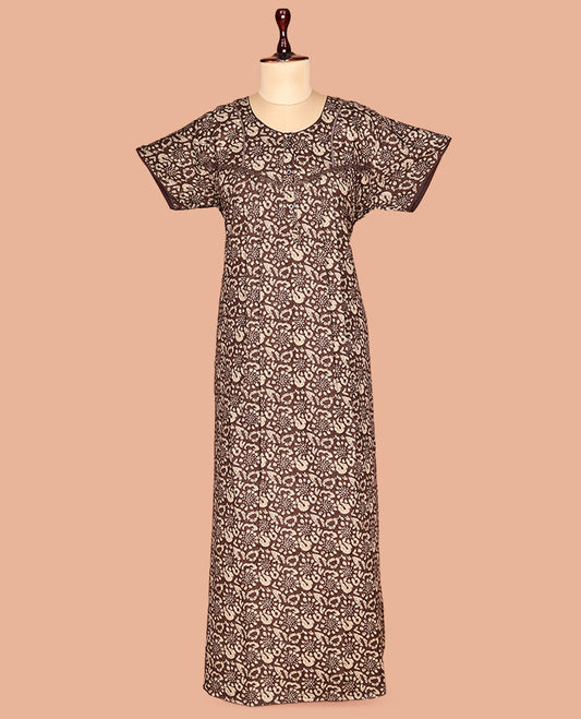 Brown Half Sleeves Cotton-Blended Nighty