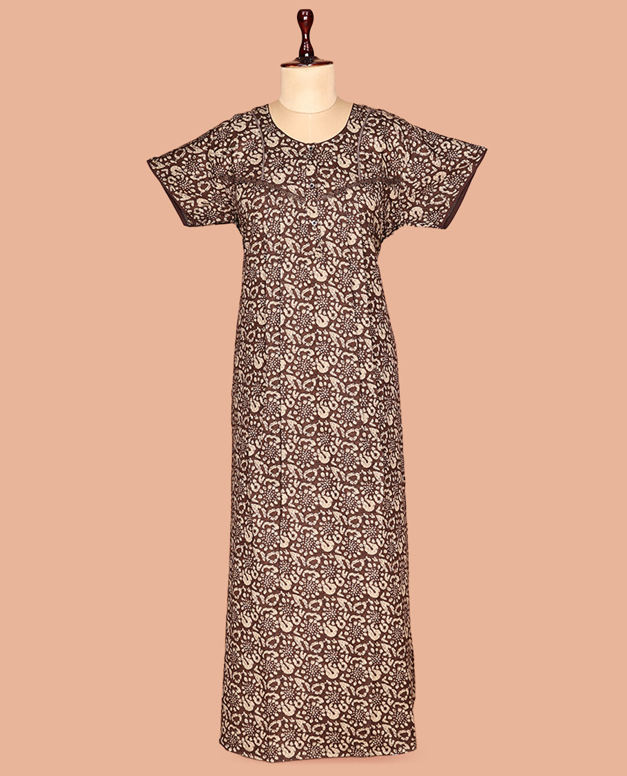 Brown Half Sleeves Cotton-Blended Nighty