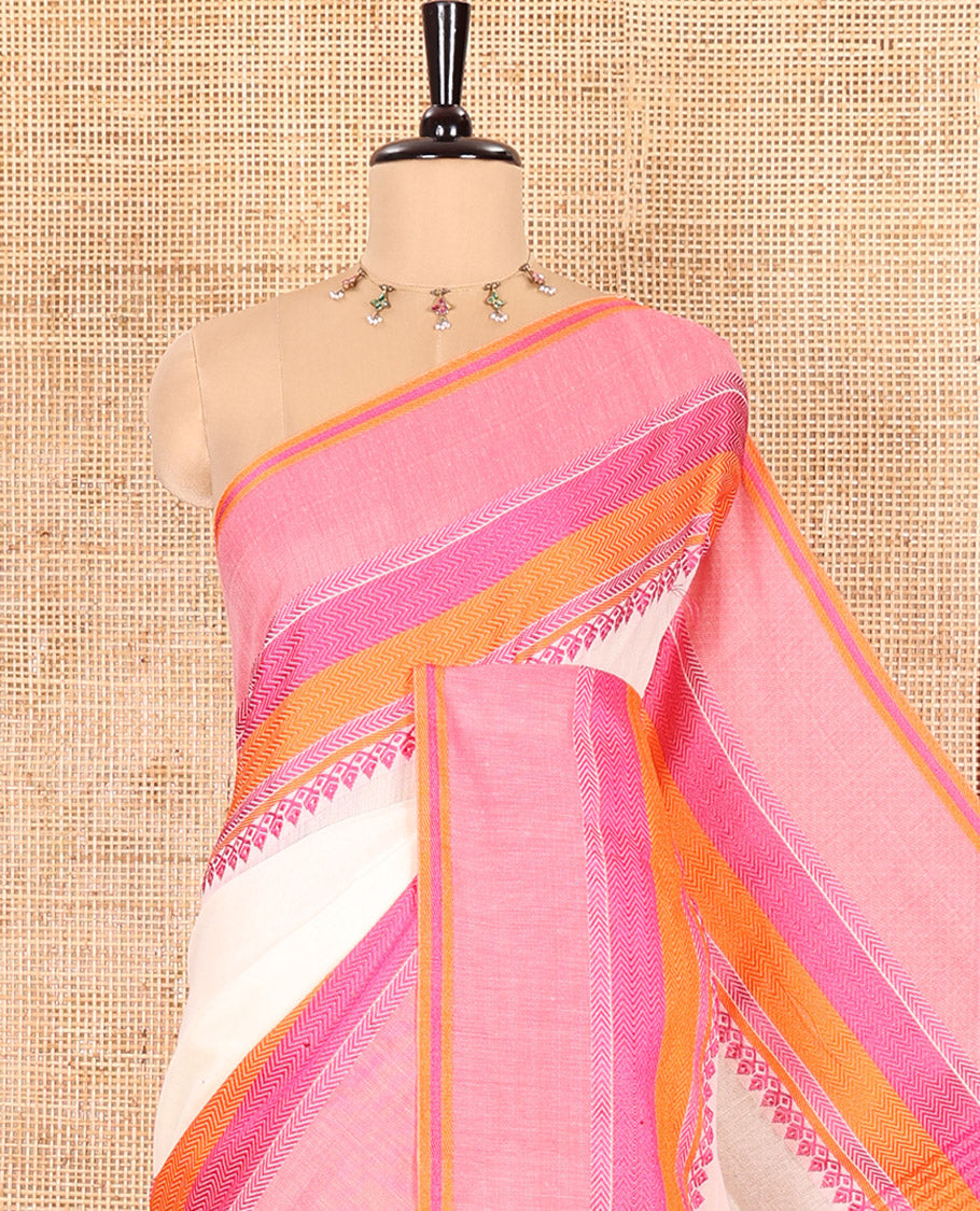 Cream-Pink Plain Khadi Mul Cotton Saree, Complemented by a Contrast Thread-Woven Border of Geometric Patterns, Contrast Plain Pallu, and Paired with a Matching Blouse