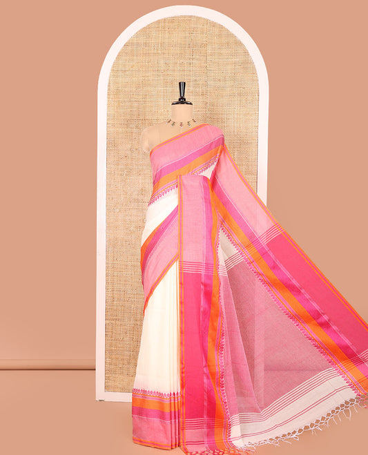 Cream-Pink Plain Khadi Mul Cotton Saree, Complemented by a Contrast Thread-Woven Border of Geometric Patterns, Contrast Plain Pallu, and Paired with a Matching Blouse