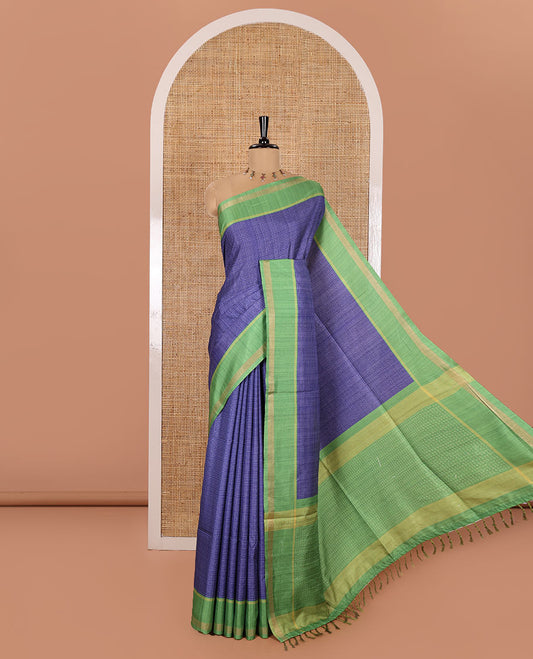 Ink Blue Kanta Silk Saree, Delicately Woven with Dotted Kantha-Stitch Embroidery All Over Its Body,  Complemented by a Contrast Border, Kantha-Stitch Embroidered Pallu, and Paired with a Contrast Blouse