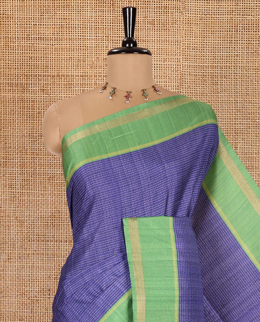 Ink Blue Kanta Silk Saree, Delicately Woven with Dotted Kantha-Stitch Embroidery All Over Its Body,  Complemented by a Contrast Border, Kantha-Stitch Embroidered Pallu, and Paired with a Contrast Blouse