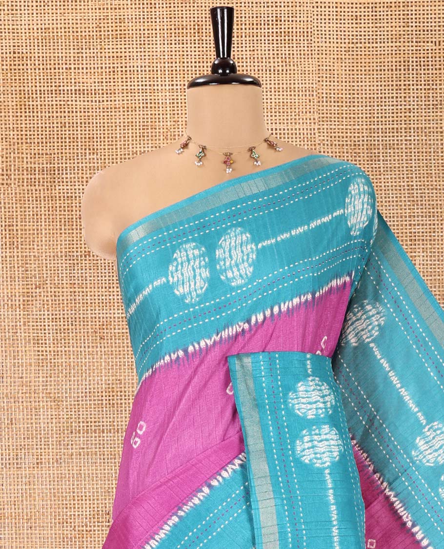 Magenta Manipuri Silk Saree, Ornamented with Bandhani Buttas on Its Body, Complemented by a Contrast Border of Shibori Print and Kantha Thread Work, Pallu of Shibori Print, and Paired with a Contrast Blouse