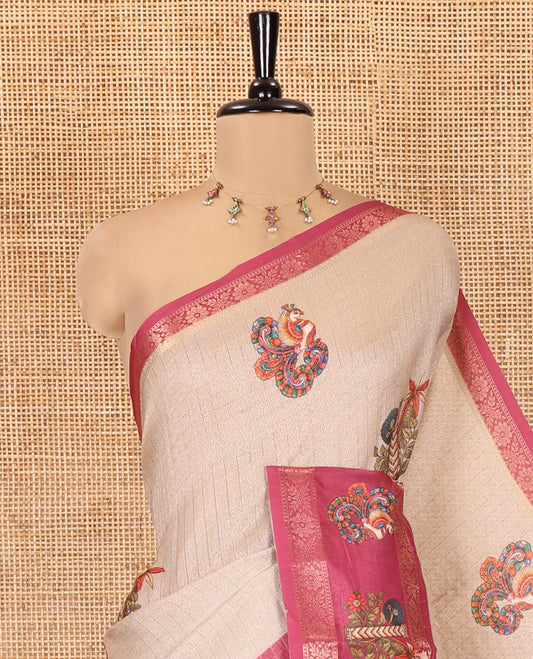 Chikku-Rani Moss-Chiffon Saree, Adorned with Checks and Floral-Bird Print, Contrast Border, Printed Pallu, and Contrast Blouse