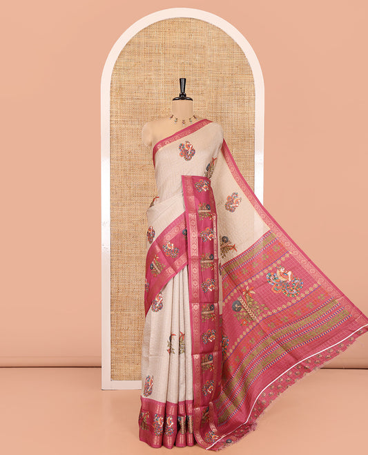 Chikku-Rani Moss-Chiffon Saree, Adorned with Checks and Floral-Bird Print, Contrast Border, Printed Pallu, and Contrast Blouse