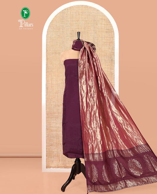 Violet Mul Chanderi Material Chudidar Set, Adorned with Pom-Pom Neckline on Its Top, a Plain Bottom, and Paired with a Banaras Tissue Zari Decked Up Dupatta