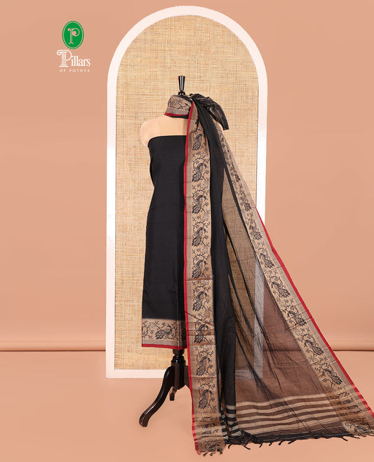 Black Mercerised Cotton Material Churidar Set, Subtly Made Plain with Contrast Floral-Peacock Bordered Top, a Mercerised Cotton Bottom, and Paired with a Mercerised Cotton Peacock-Bordered Dupatta