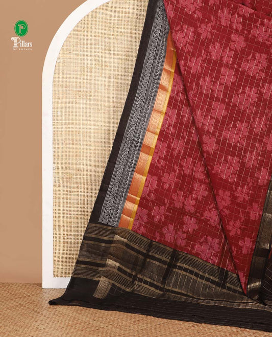 Rust color checked & floral printed chanderi cotton saree, contrast zari & block printed border of diamond, bentex, floral creeper & paisley design along with zari striped pallu