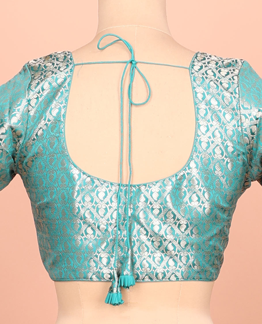 Rama green paisleys-theme jacquard front-back round neck elbow-sleeve readymade blouse
