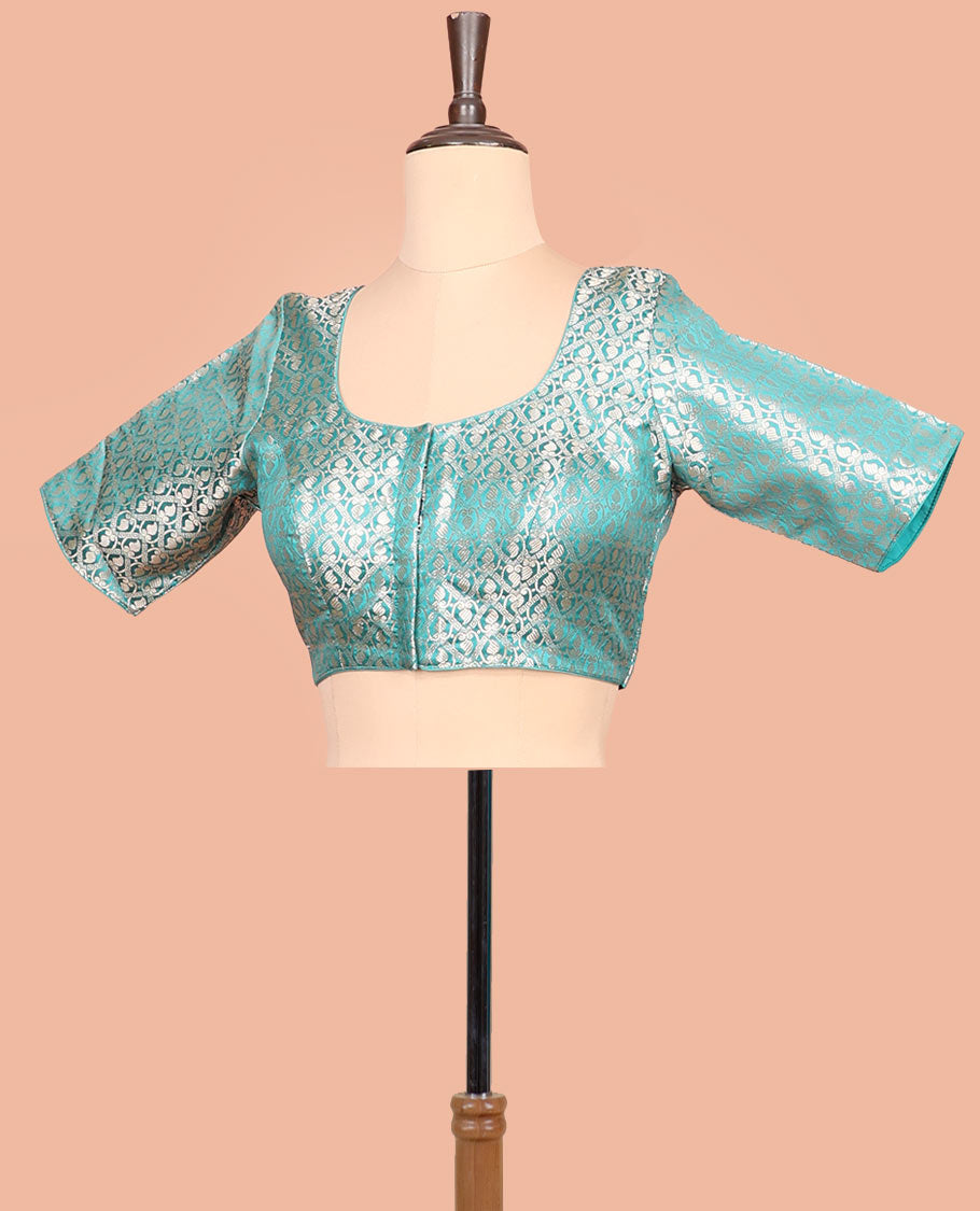 Rama green paisleys-theme jacquard front-back round neck elbow-sleeve readymade blouse