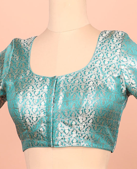 Rama green paisleys-theme jacquard front-back round neck elbow-sleeve readymade blouse