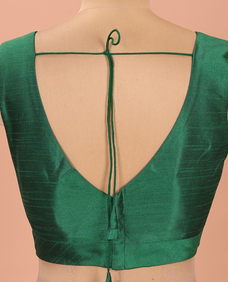 Dark Green Plain Readymade Blouse Featuring a Front Leaf-Neck, Back Deep Leaf-Neck, and Sleeveless Hand