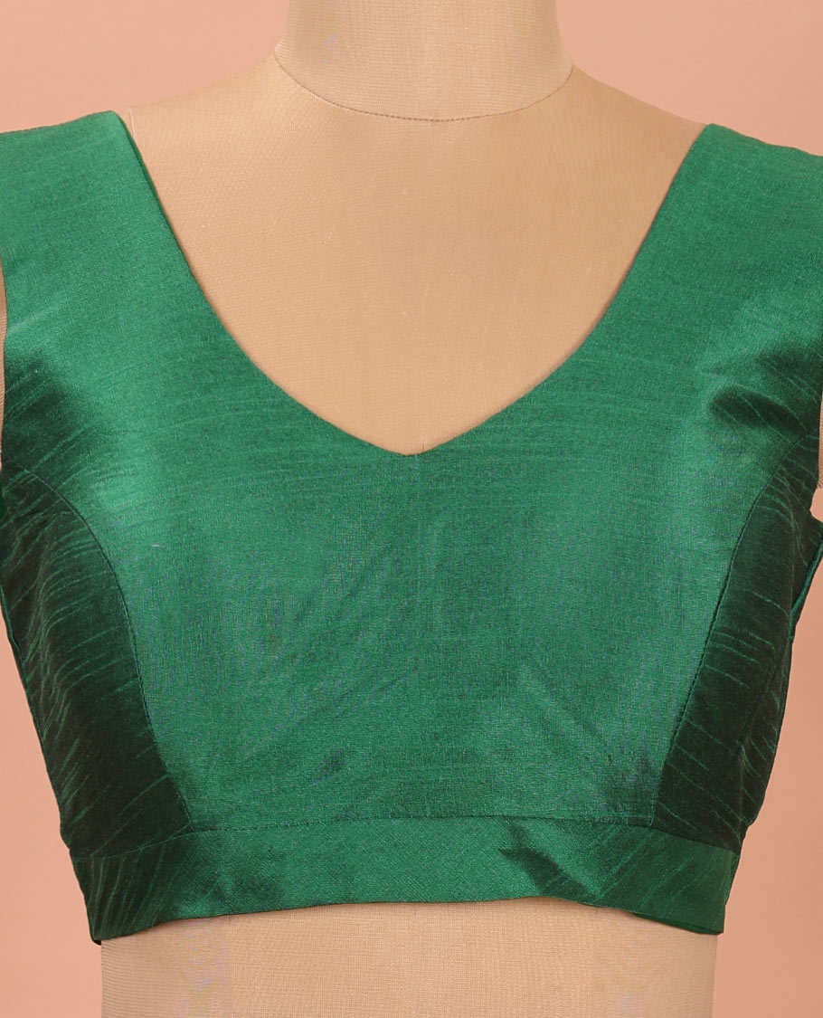 Dark Green Plain Readymade Blouse Featuring a Front Leaf-Neck, Back Deep Leaf-Neck, and Sleeveless Hand