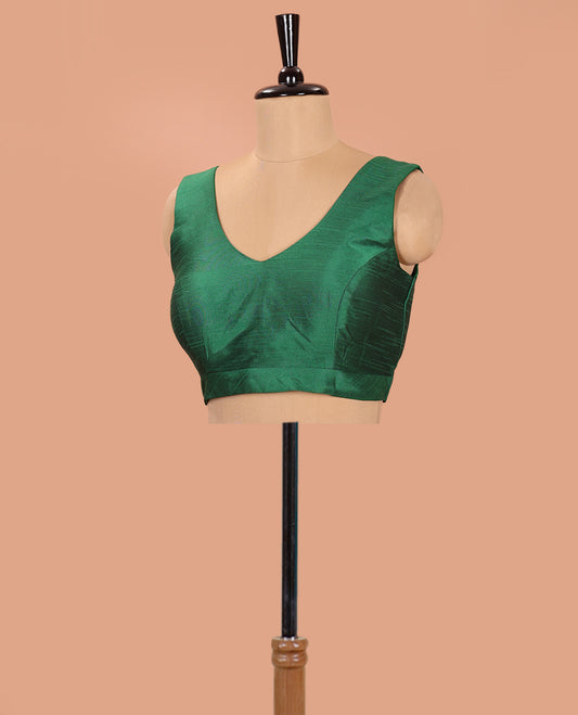 Dark Green Plain Readymade Blouse Featuring a Front Leaf-Neck, Back Deep Leaf-Neck, and Sleeveless Hand