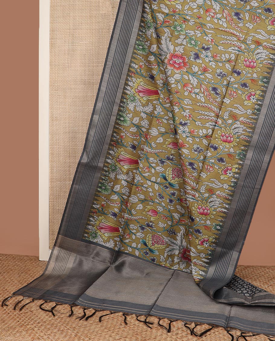 Mustard colorful floral vine printed tussar silk saree, contrast temple striped border, and zari striped pallu
