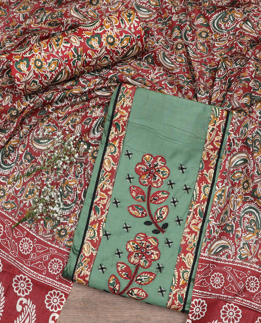Green material chudidar set,  neck embroidered top, contrast bottom, and dupatta of kalamkari style, floral-paisley vine