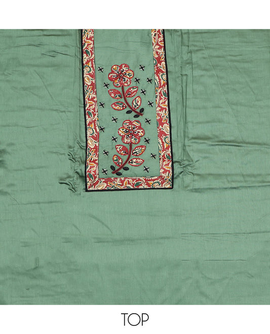 Green material chudidar set,  neck embroidered top, contrast bottom, and dupatta of kalamkari style, floral-paisley vine