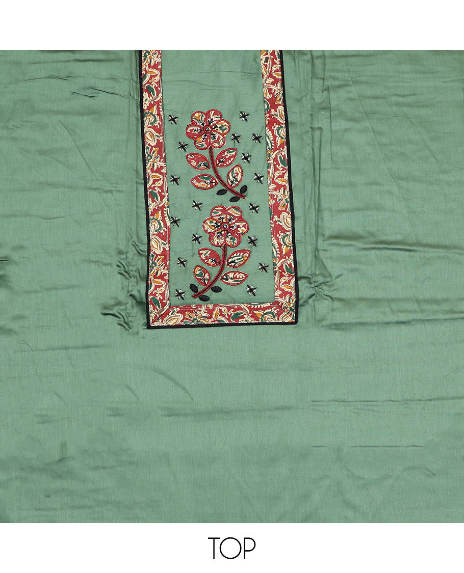 Green material chudidar set,  neck embroidered top, contrast bottom, and dupatta of kalamkari style, floral-paisley vine